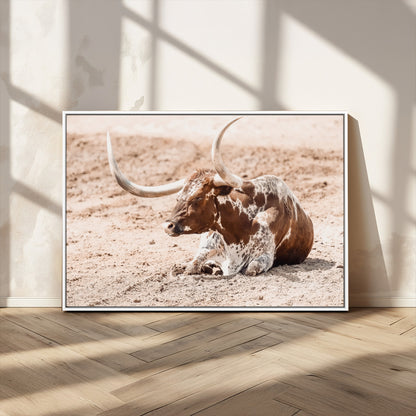 91248682-MGV-CV-36X24-Texas Longhorn Wall Art Canvas Print, Framed Resting Bull Art Picture Print, Spotted Cattle Perfect Rustic Western Decor Artwork