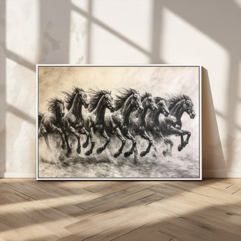 56089591-MGV-CV-36X24-Galloping Horses Wall Art Canvas Print, Framed Wild Stallions Art Picture Print, Horse Herd Sketch Perfect Monochrome Dynamic