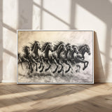 56089591-MGV-CV-36X24-Galloping Horses Wall Art Canvas Print, Framed Wild Stallions Art Picture Print, Horse Herd Sketch Perfect Monochrome Dynamic