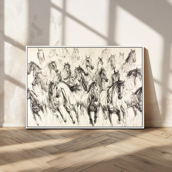 19433417-MGV-CV-36X24-Running Horses Wall Art Canvas Print, Framed Horse Sketch Art Picture Print, Galloping Herd Perfect Monochrome Western Decor