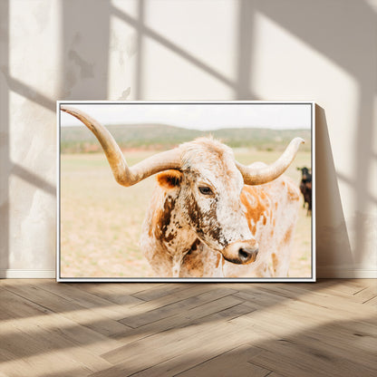 21060648-MGV-CV-36X24-Texas Longhorn Wall Art Canvas Print, Framed Speckled Cow Art Picture Print, Rustic Bull Perfect Rustic Western Decor Artwork