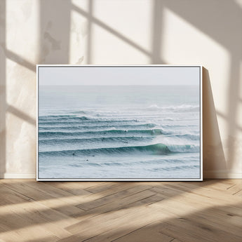 73969318-MGV-CV-36X24-Ocean Waves Wall Art Canvas Print, Framed Surfer Lineup Art Picture Print, Crowded Ocean Perfect Minimal Coastal Decor Artwork