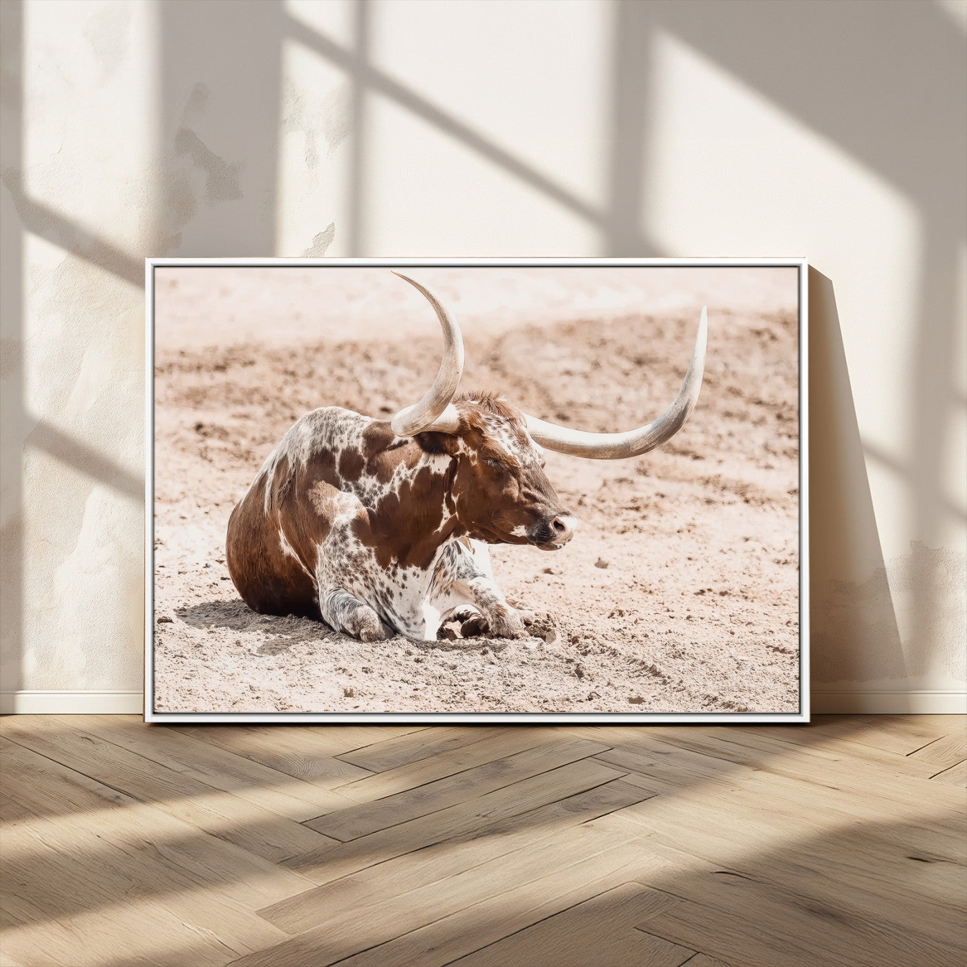 25407592-MGV-CV-36X24-Texas Longhorn Wall Art Canvas Print, Framed Resting Bull Art Picture Print, Spotted Cattle Perfect Rustic Western Decor Artwork