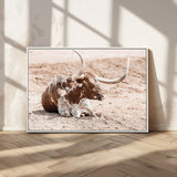 25407592-MGV-CV-36X24-Texas Longhorn Wall Art Canvas Print, Framed Resting Bull Art Picture Print, Spotted Cattle Perfect Rustic Western Decor Artwork