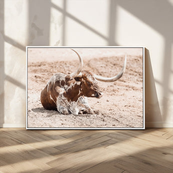 25407592-MGV-CV-36X24-Texas Longhorn Wall Art Canvas Print, Framed Resting Bull Art Picture Print, Spotted Cattle Perfect Rustic Western Decor Artwork