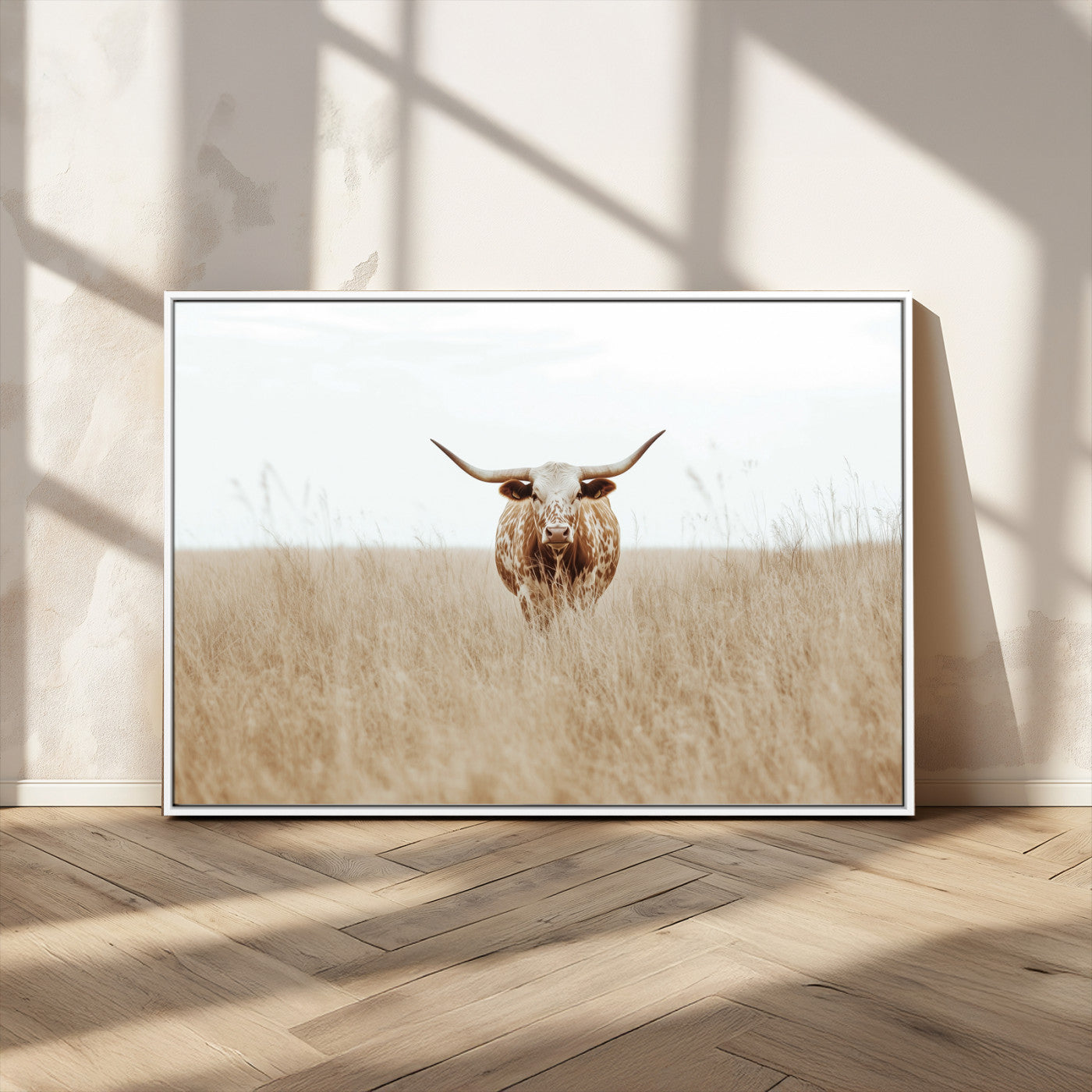 20927060-MGV-CV-36X24-Texas Longhorn Wall Art Canvas Print, Framed Lone Cattle Art Picture Print, Longhorn Bull Perfect Rustic Western Decor Artwork