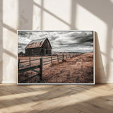 73898372-MGV-CV-36X24-Rustic Barn Wall Art Canvas Print, Framed Moody Field Art Picture Print, Weathered Fence Perfect Moody Farmhouse Decor Artwork