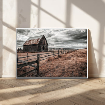 73898372-MGV-CV-36X24-Rustic Barn Wall Art Canvas Print, Framed Moody Field Art Picture Print, Weathered Fence Perfect Moody Farmhouse Decor Artwork
