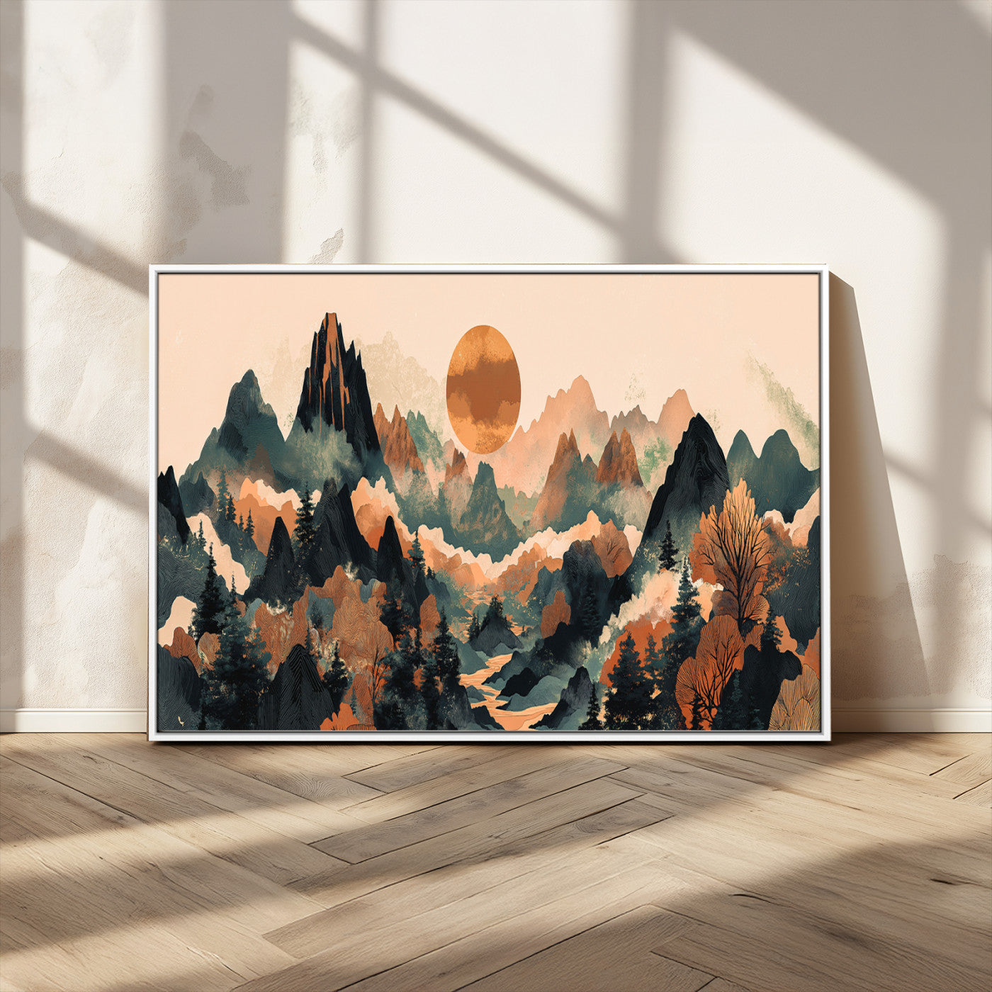 13012770-MGV-CV-36X24-Mountain Landscape Wall Art – Modern Nature Canvas Print with Sun, Misty Peaks, and Forest in Orange and Green Tones for Living