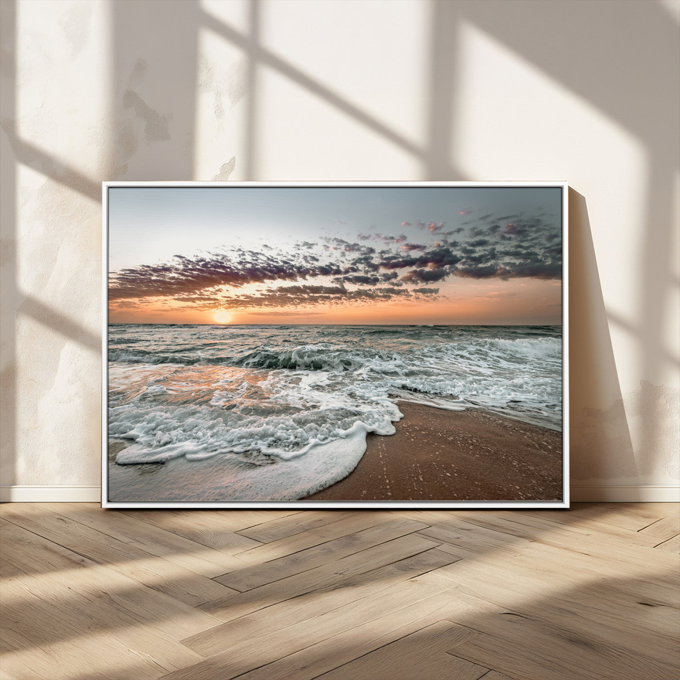 40632752-MGV-CV-36X24-Ocean Sunset Wall Art Canvas Print, Framed Beach Waves Art Picture Print, Coastal Scene Perfect Coastal Decor Artwork