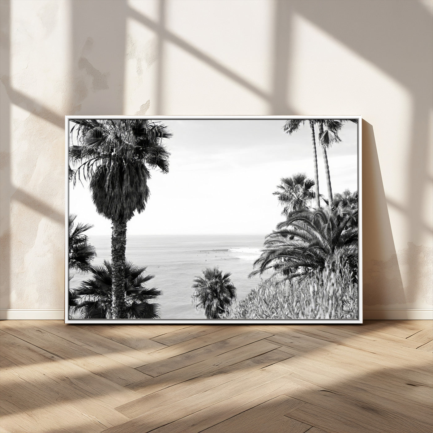 89458520-MGV-CV-36X24-Palm Trees Wall Art Canvas Print, Framed Coastal View Art Picture Print, Ocean Horizon Perfect Monochrome Coast Decor Artwork