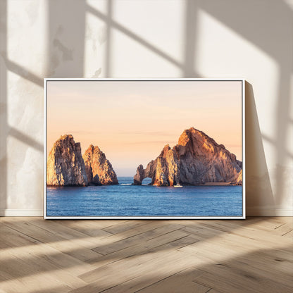 72996116-MGV-CV-36X24-El Arco Wall Art Canvas Print, Framed Cabo Rocks Art Picture Print, Ocean Arch Perfect Golden Coastal Landmark Decor Artwork