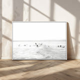 33449548-MGV-FC-36X24_White-Group Surfers Wall Art Canvas Print, Framed Ocean Wave Art Picture Print, Surf Crowd Perfect Monochrome Surf Decor Artwork