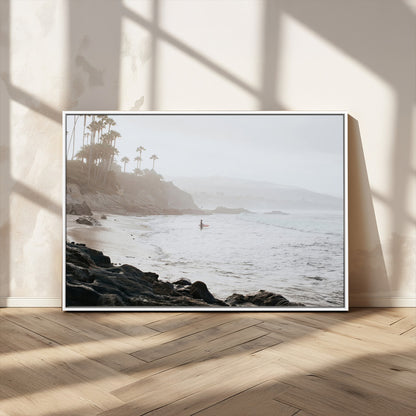 62501405-MGV-CV-36X24-Misty Beach Wall Art Canvas Print, Framed California Surfer Art Picture Print, Coastal Cliff Perfect Coastal Beach Decor Artwork