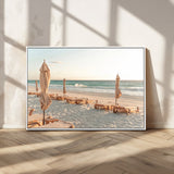 58507949-MGV-FC-36X24_White-Beach Umbrellas Wall Art Canvas Print, Framed Empty Loungers Art Picture Print, Soft Sand Perfect Minimalist Seaside Decor Artwork