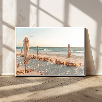 58507949-MGV-FC-36X24_White-Beach Umbrellas Wall Art Canvas Print, Framed Empty Loungers Art Picture Print, Soft Sand Perfect Minimalist Seaside Decor Artwork