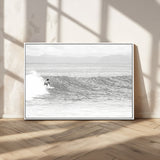 81535128-MGV-CV-36X24-Surfer Woman Wall Art Canvas Print, Framed Black Ocean Art Picture Print, Ocean Surfing Perfect Monochrome Coastal Decor Artwork
