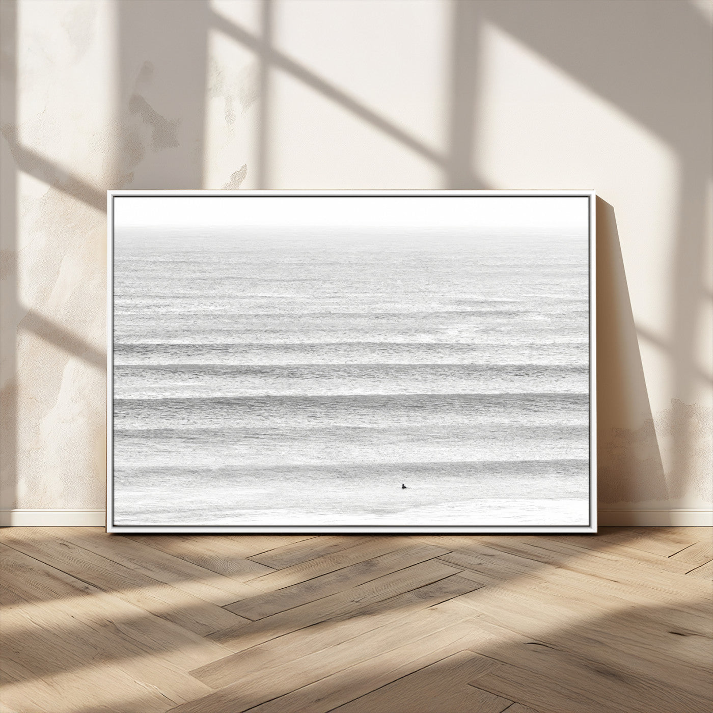 66534476-MGV-CV-36X24-Lone Surfer Wall Art Canvas Print, Framed Ocean Waves Art Picture Print, Minimal Sea Perfect Minimal Coastal Decor Artwork