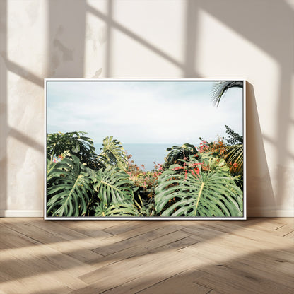 45700479-MGV-CV-36X24-Monstera Leaves Wall Art Canvas Print, Framed Tropical Ocean Art Picture Print, Tropical Foliage Perfect Tropical Coastal Jungle