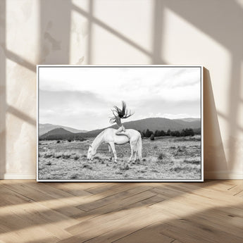 62789800-MGV-CV-36X24-White Horse Wall Art Canvas Print, Framed Woman Rider Art Picture Print, Equestrian Pose Perfect Western Boho Decor Artwork