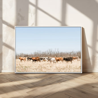 16563092-MGV-CV-36X24-Texas Longhorns Wall Art Canvas Print, Framed Western Cattles Art Picture Print, Rustic Herd Perfect Rustic Farmhouse Decor