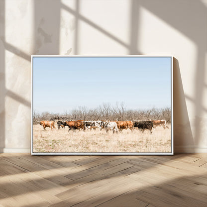 16563092-MGV-CV-36X24-Texas Longhorns Wall Art Canvas Print, Framed Western Cattles Art Picture Print, Rustic Herd Perfect Rustic Farmhouse Decor