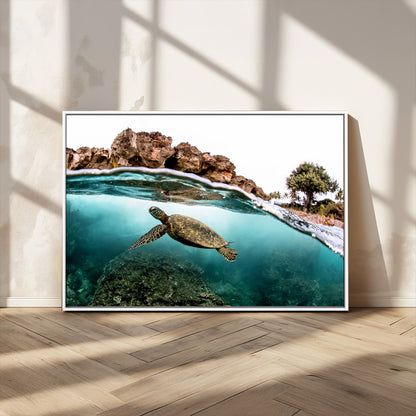 44200301-MGV-CV-36X24-Sea Turtle Swim Wall Art Canvas Print, Framed Ocean Life Art Picture Print, Tropical Shoreline Perfect Tropical Coastal Decor