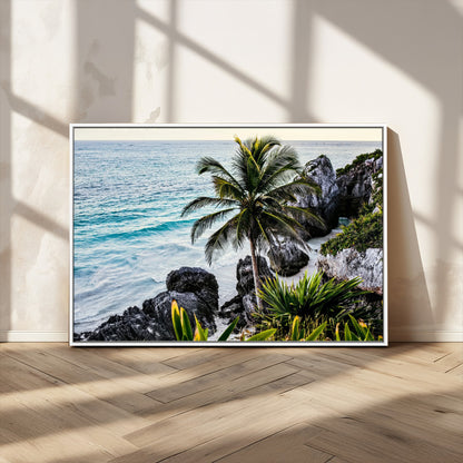 94669907-MGV-CV-36X24-Tropical Coastline Wall Art Canvas Print, Framed Palm Tree Art Picture Print, Rocky Beach Perfect Tropical Coastal Decor Artwork