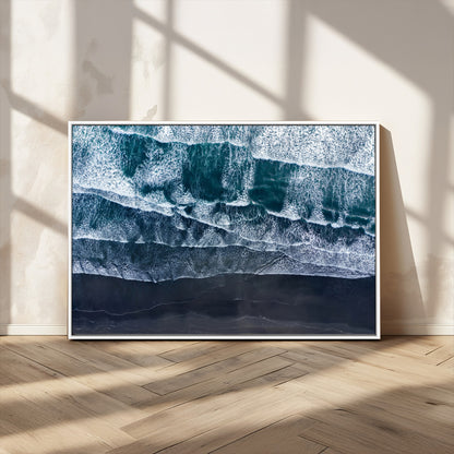 87941475-MGV-CV-36X24-Black Beach Wall Art Canvas Print, Framed Aerial Ocean Art Picture Print, Moody Coastal Perfect Modern Coastal Decor Artwork