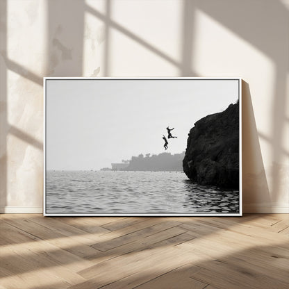 52284302-MGV-CV-36X24-Cliff Jumping Wall Art Canvas Print, Framed Ocean Adventure Art Picture Print, Black White Coast Perfect Modern Coastal Decor