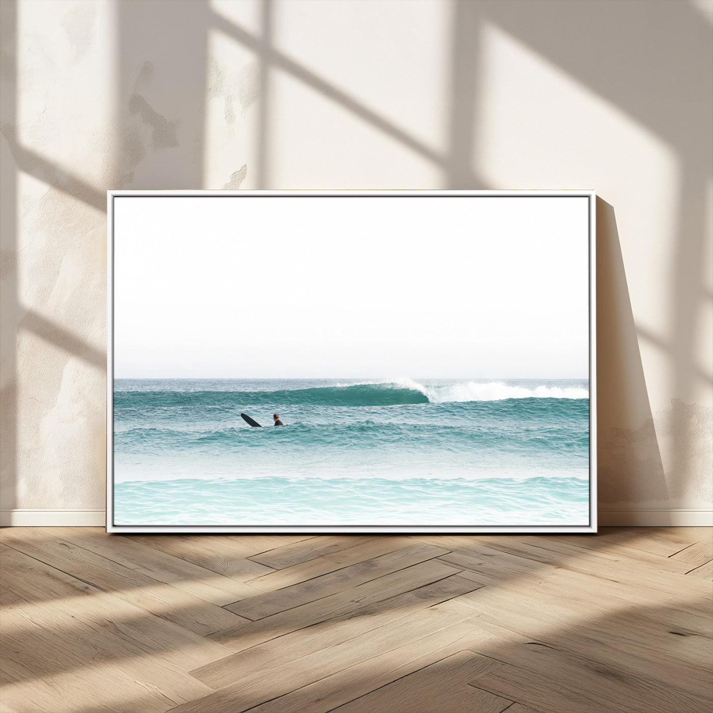 56345117-MGV-FC-36X24_White-Minimalist Surfing Wall Art Canvas Print, Framed Ocean Waves Art Picture Print, Soft Ocean Perfect Minimalist Coastal Decor