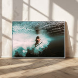 85923512-MGV-CV-36X24-Aquatic Motion Wall Art Canvas Print, Framed Underwater Swimming Art Picture Print, Female Surfer Diving Perfect Coastal Boho