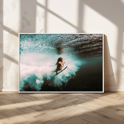 85923512-MGV-CV-36X24-Aquatic Motion Wall Art Canvas Print, Framed Underwater Swimming Art Picture Print, Female Surfer Diving Perfect Coastal Boho