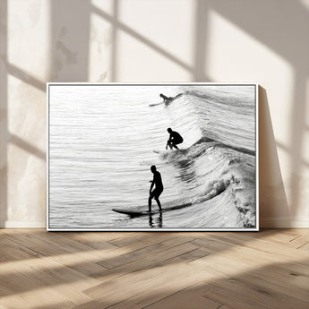 19875284-MGV-CV-36X24-Surfer Waves Wall Art Canvas Print, Framed Black White Surf Art Picture Print, Monochrome Ocean Perfect Modern Coastal Decor