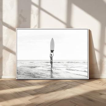 98446901-MGV-CV-36X24-Monochrome Surf Wall Art Canvas Print, Framed Minimalist Surfer Art Picture Print, Surfboard Silhouette Perfect Coastal Minimalist