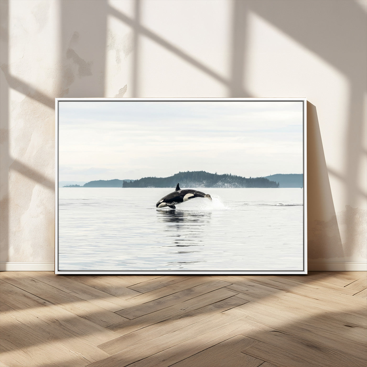 10157174-MGV-FC-36X24_White-Orca Whale Wall Art Canvas Print, Framed Black White Whale Art Picture Print, Minimalist Ocean Perfect Coastal Minimalist Decor