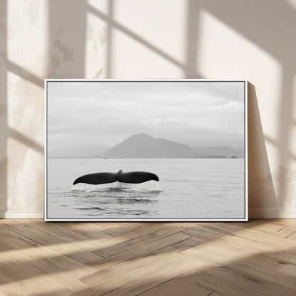 30524220-MGV-CV-36X24-Whale Tail Wall Art Canvas Print, Framed Black White Ocean Art Picture Print, Calm Marine Perfect Minimalist Coastal Decor Artwork