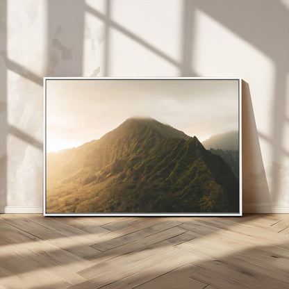 42338636-MGV-CV-36X24-Golden Mountain Wall Art Canvas Print, Framed Misty Summit Art Picture Print, Rugged Landscape Perfect Moody Wilderness Decor