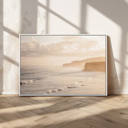 57669769-MGV-CV-36X24-Misty Coastal Wall Art Canvas Print, Framed Golden Sunset Art Picture Print, Serene Shoreline Perfect Tranquil Coastal Decor