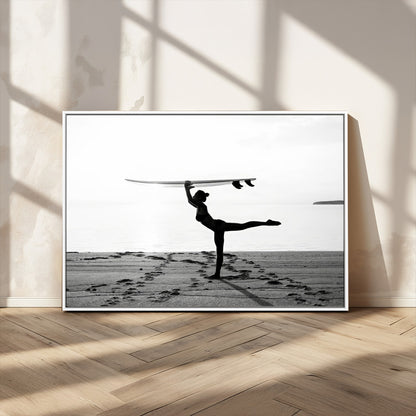 28441356-MGV-CV-36X24-Yoga Surf Wall Art Canvas Print, Framed Black White Shore Art Picture Print, Peaceful Ocean Perfect Minimalist Coastal Decor