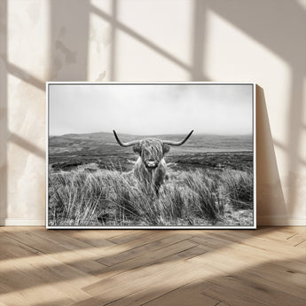 24051061-MGV-CV-36X24-Monochrome Highland Cow Wall Art Canvas Print, Framed Scottish Bull Art Picture Print, Lone Cattle Perfect Rustic Farmhouse Decor