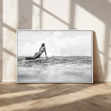 69798068-MGV-CV-36X24-Black White Surfing Wall Art Canvas Print, Framed Ocean Horizon Art Picture Print, Surfer Girl Perfect Coastal Adventure Decor
