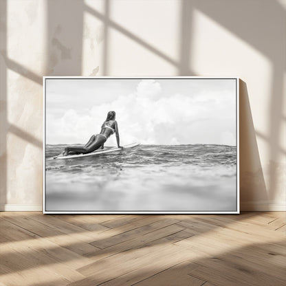 69798068-MGV-CV-36X24-Black White Surfing Wall Art Canvas Print, Framed Ocean Horizon Art Picture Print, Surfer Girl Perfect Coastal Adventure Decor