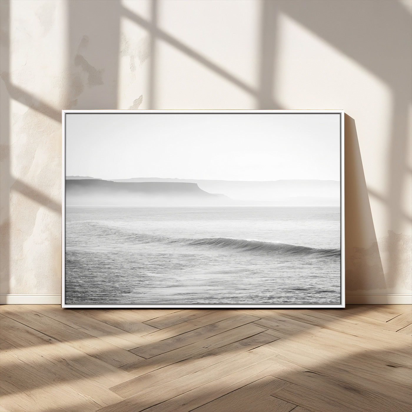 60635783-MGV-FC-36X24_White-Black White Seascape Wall Art Canvas Print, Framed Ocean Waves Art Picture Print, Misty Coastal Perfect Minimalist Coastal Decor