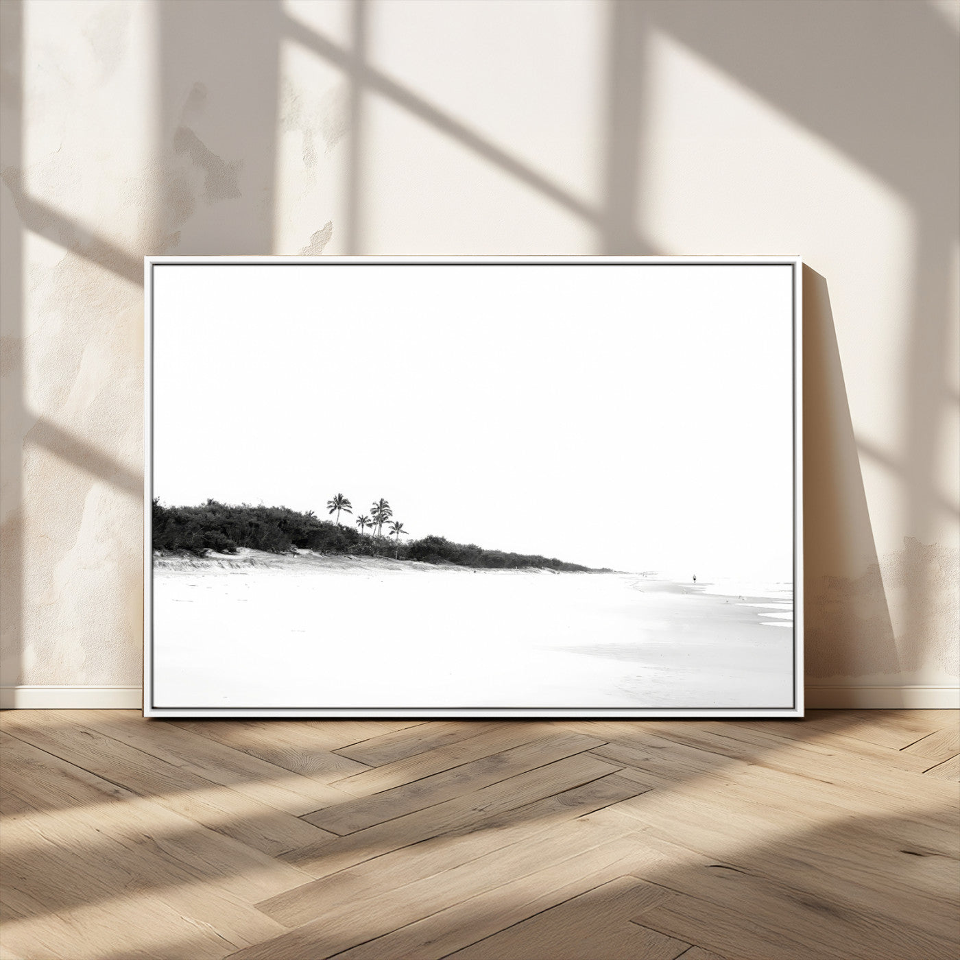 29611516-MGV-CV-36X24-Black White Beach Wall Art Canvas Print, Framed Palm Trees Art Picture Print, Monochrome Tropical Perfect Minimalist Coastal Decor