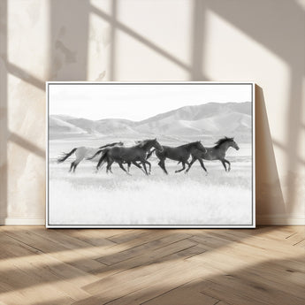 69934913-MGV-CV-36X24-Wild Horses Running Wall Art Canvas Print, Framed Black White Mustangs Art Picture Print, Rustic Western Perfect Rustic Western