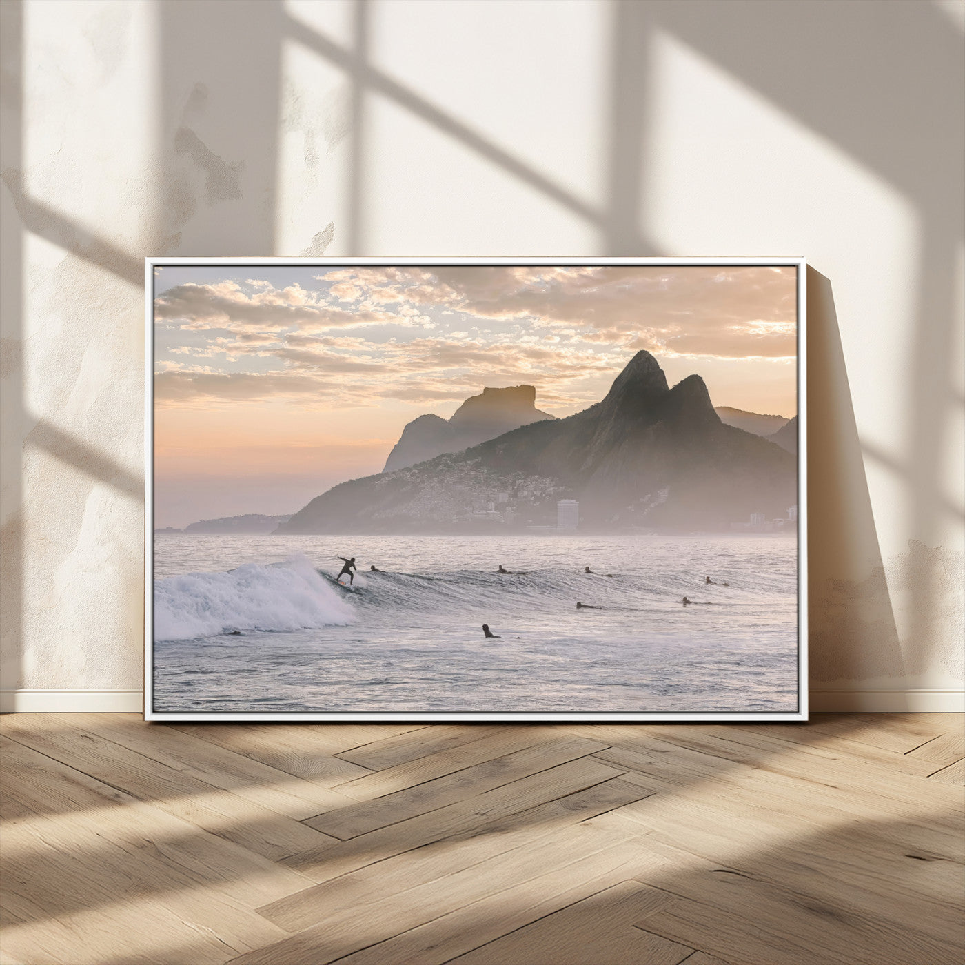 70644906-MGV-CV-36X24-Sunset Surfing Wall Art Canvas Print, Framed Misty Mountains Art Picture Print, Surfer Riding Wave Perfect Coastal Adventure Decor