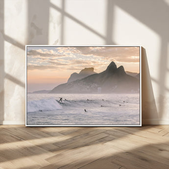 70644906-MGV-CV-36X24-Sunset Surfing Wall Art Canvas Print, Framed Misty Mountains Art Picture Print, Surfer Riding Wave Perfect Coastal Adventure Decor