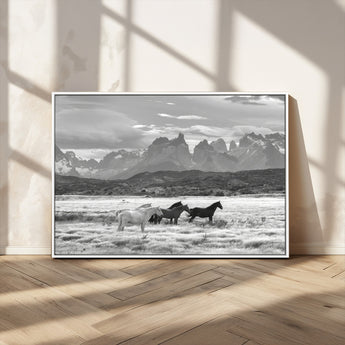21655040-MGV-CV-36X24-Wild Horses Wall Art Canvas Print, Framed Black White Mountains Art Picture Print, Rustic Countryside Perfect Rustic Western Decor