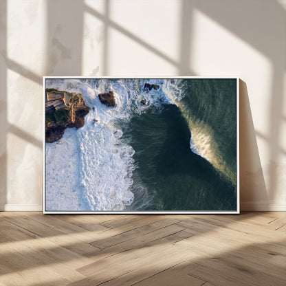 37405684-MGV-CV-36X24-Nazare Coast Wall Art Canvas Print, Framed Aerial Ocean Art Picture Print, Coastal Fortress Perfect Dramatic Coastal Decor Artwork